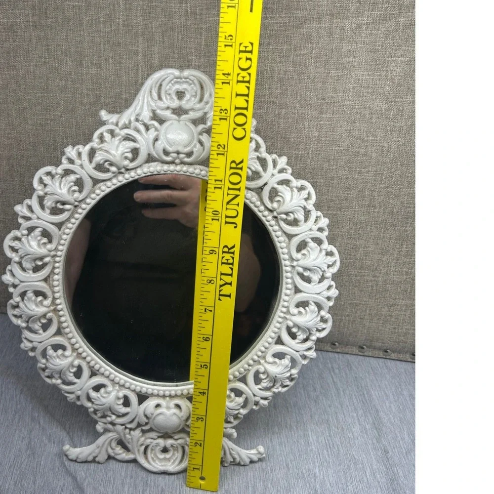 Vintage White Ornate Cast Metal Tabletop Vanity Mirror Rococo Scrollwork 12.5in‎